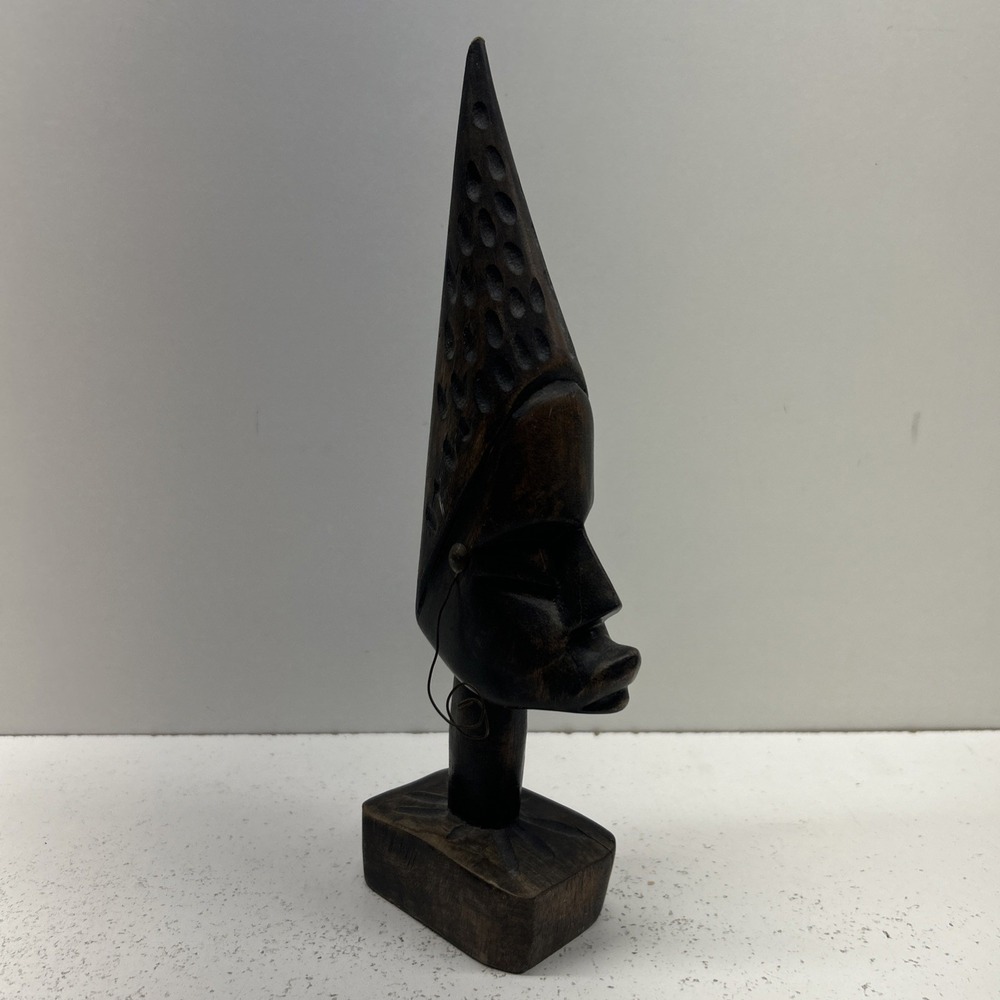 Vintage Hand Carved African Tribal Wood Mask Statue‎ Tall Headdress Earrings